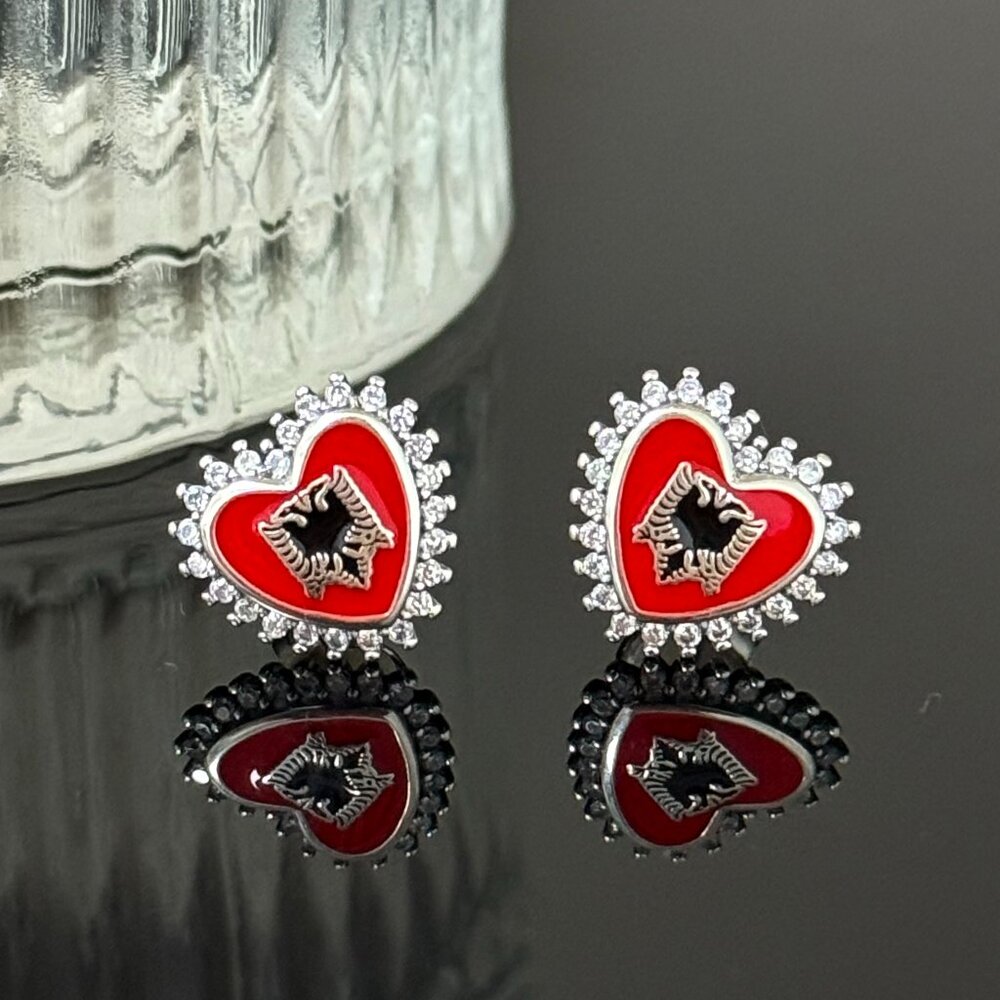 Albania Flag Earrings Heart bling S925 Sterling Silver Handmade Ear Stud